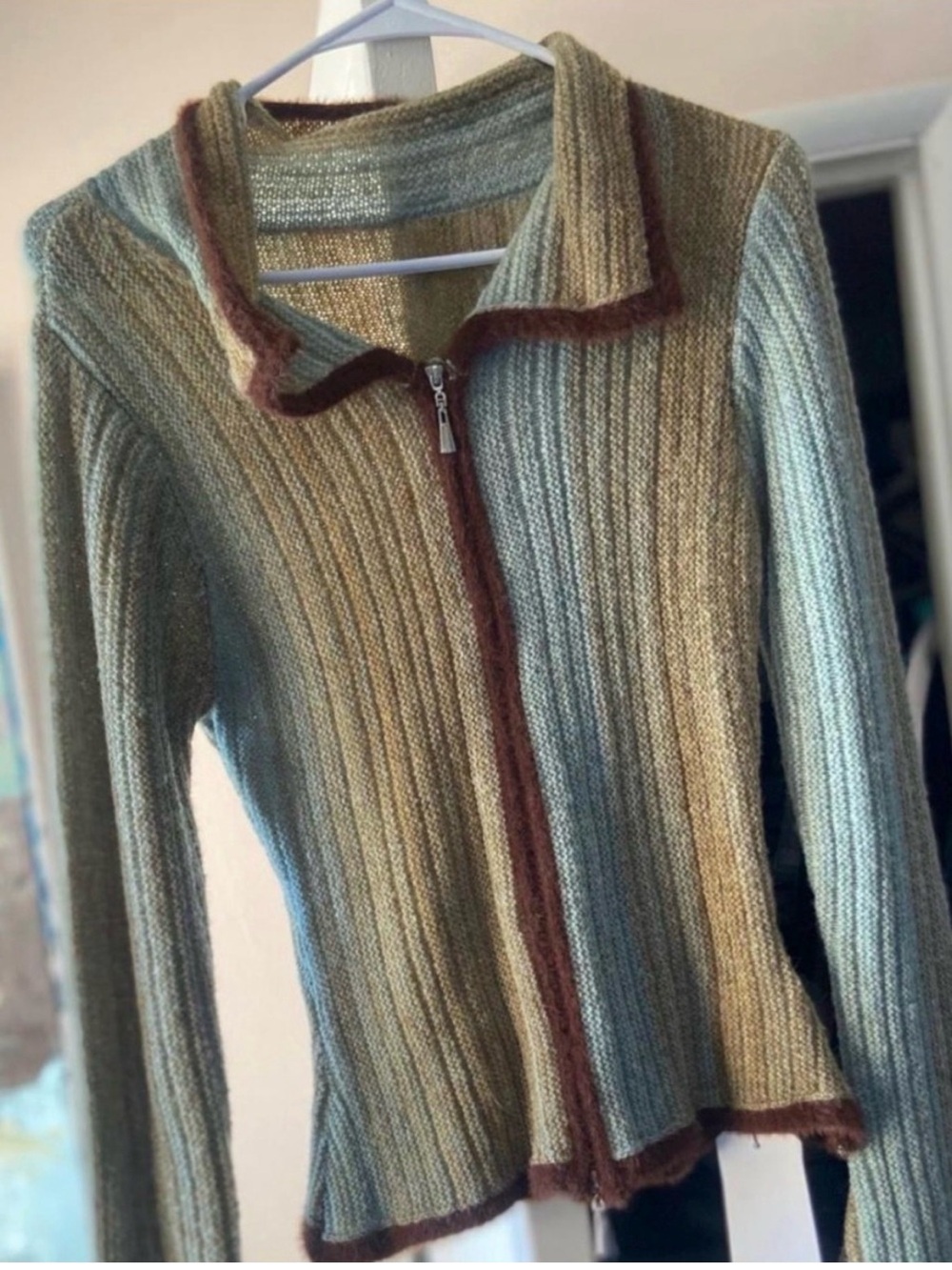 Women’s Ribbed Zip-Up Sweater Jacket - Olive Green & Brown